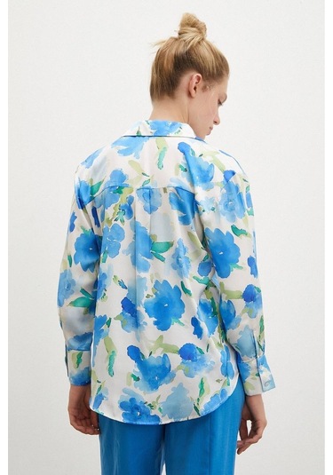 Kadın Uzun Kol Desenli Renkli Pamuk Saten Premium Kalite Spor Şık Gömlek Mavi