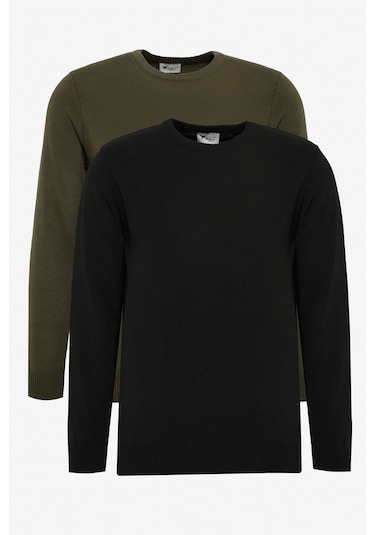 Erkek Sıyah-hakı 2'li Paket Standart Fit Normal Kesim Bisiklet Yaka Triko Kazak Sıyah-hakı