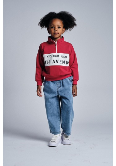 Dik Yaka Sweat Denim Pantolon Takım Kırmızı