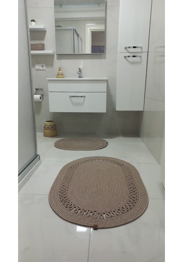 Üçlü Banyo Seti 2 Paspas- 1 Organizer Sepet Jüt İp Ekru - Hardal