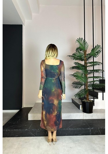 G0844 Kare Yaka Tül Elbise Çok Renkli-çok Renkli Çok Renkli