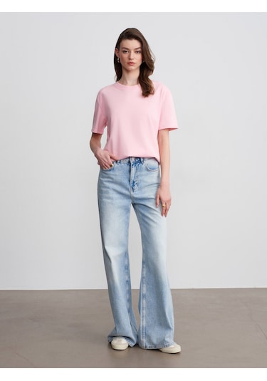 Dilvin 30312 Pamuk Dekoratif Dikişli Bisiklet Yaka T-shirt-toz Pembe 36