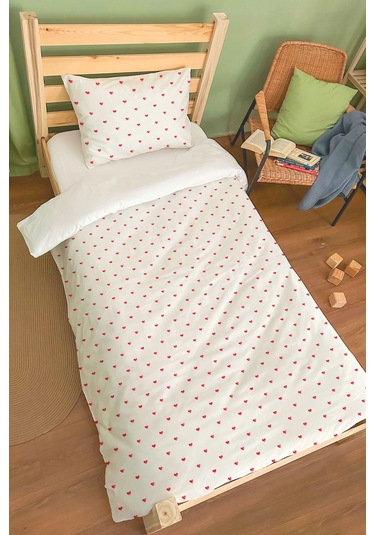 Organik Tek Kişilik Nevresim Takımı 160x220 - Kalp Yağmuru Renkli