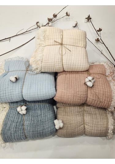 Gidia Denim Mavi 7 Katlı Çift Taraflı Dolgulu Müslin Bebek - Çocuk Battaniyesi Pamuk 110 x 110 CM Mavi