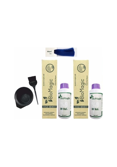 Organik Saç Boyası Mavi 60Ml X2 Adet+Oksidan 90Ml+Boyama Seti