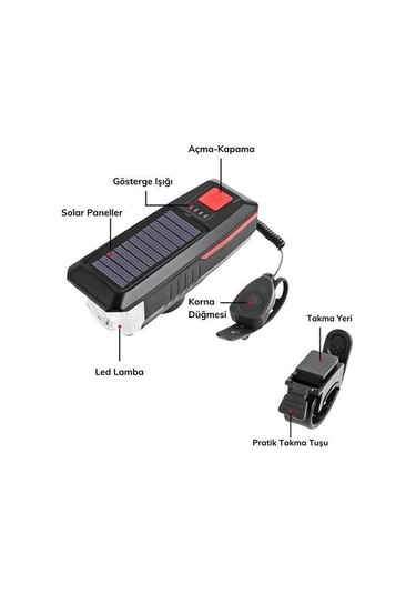 Buffer Solar Enerjili Usb İle Şarj Edilebilir Ledli Bisiklet Feneri Kornalı Ve Su Geçirmez Far Siyah