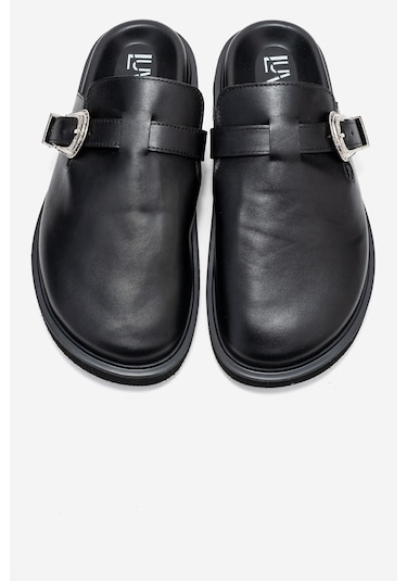 Vesta Siyah Cilt Tokalı Hakiki Deri Kadın Burnu Kapalı Terlik Siyah