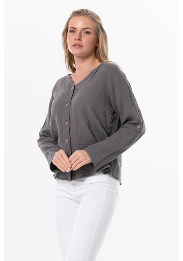 Uzun Kol Sedef Yazlık Müslin Gömlek Gri Gri-gri Gri