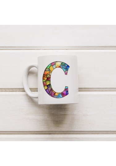 C Harfi Bardak 330 Ml İsme/harfe Özel Hediye, Renkli Harf Tasarım Beyaz