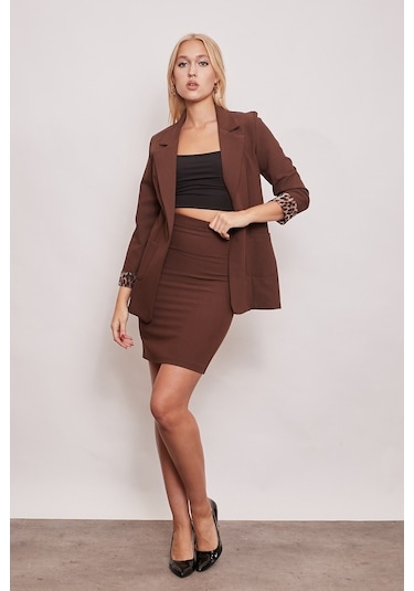 Yüksek Bel Diz Üstü Şık Kumaş Kalem Etek-Kahve