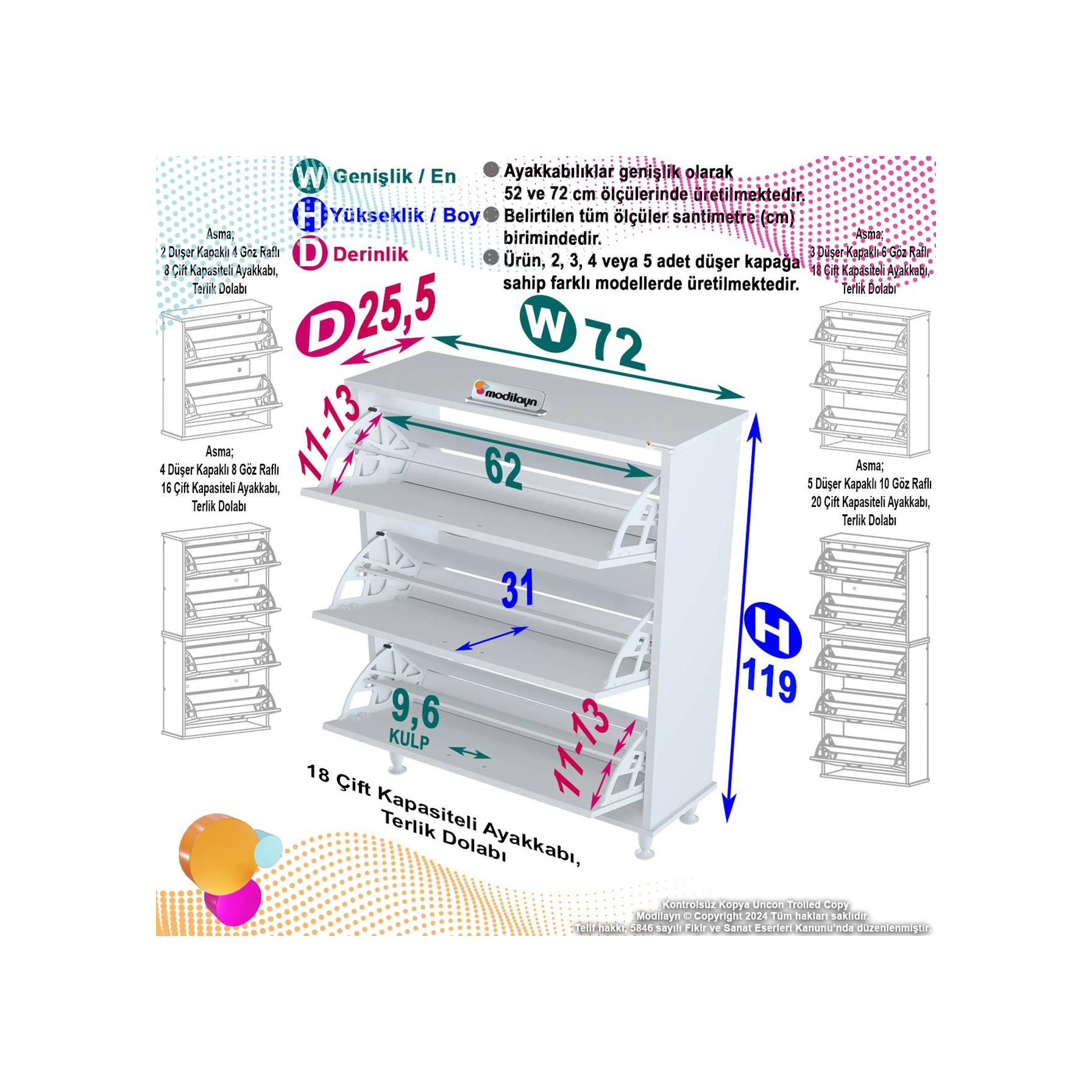 Uygar Beyaz Renk Kapı Önü Ayakkabılık 3 Düşer Kapak 6 Göz Ayakkabılık 72x119x25,5 Cm Beyaz