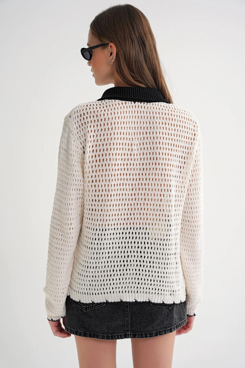 6945 Kadın Ajurlu Bağlamalı Triko Hırka Naturel Naturel