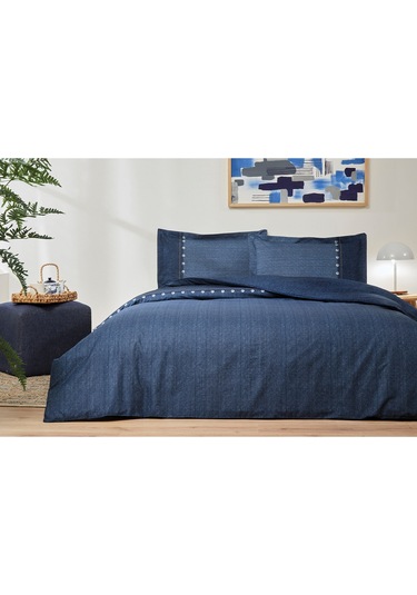 Oregon Çift Kişilik Lastikli Çarşaf Denim Nevresim Takımı Lacivert
