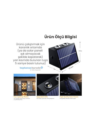 Technosmart 2adet Güneş Enerjili Çift Taraflı 4 Ledli Aplik Sarı Işık Duvar Lambası Bahçe Aydınlatma