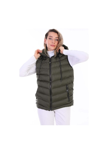 Euromoda Everest Kadın Jel Dolgu Kapüşonlu Şişme Yelek Haki