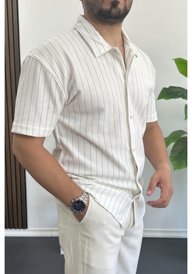 Erkek Dik Çizgili Kısa Kollu Gömlek Krem Edw387 Krem