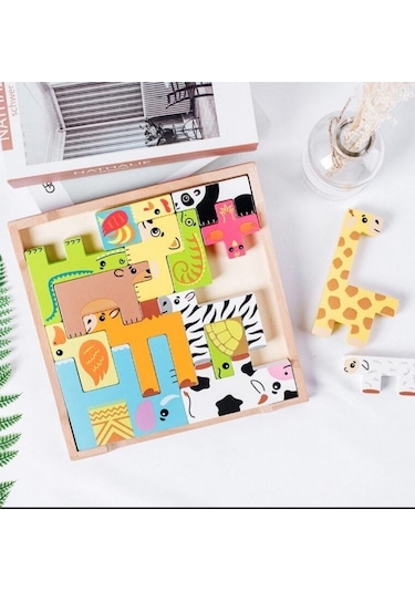 Renkli 15 Hayvanlı Geometrik Ahşap Puzzle