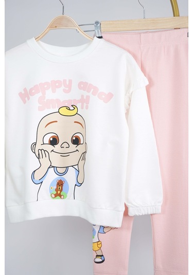 Kız Çocuk Happy And Smart Baskılı Pamuk Taytlı Takım Ekru