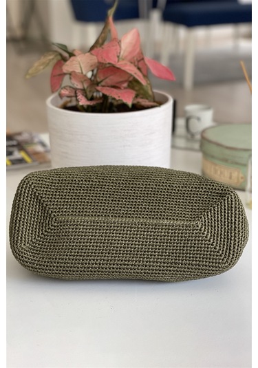 El Yapımı Haki Renk Pileli Örgü El Çantası Haki