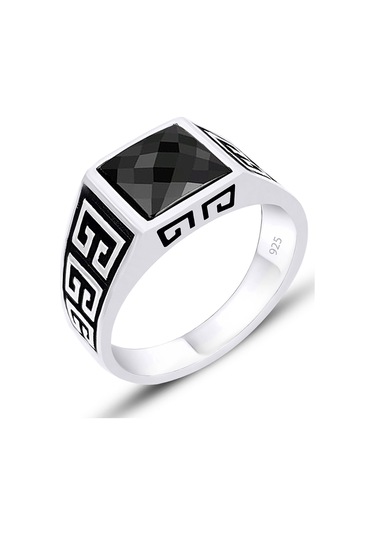 Silvera Telkari  Gümüş Kesme Oniks Taşlı Erkek Yüzük 925 Ayar St323