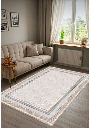Krem Dijital Baskı Salon Halısı Kaymaz Tabanlı Yıkanabilir Halı Yolluk 413 Krem