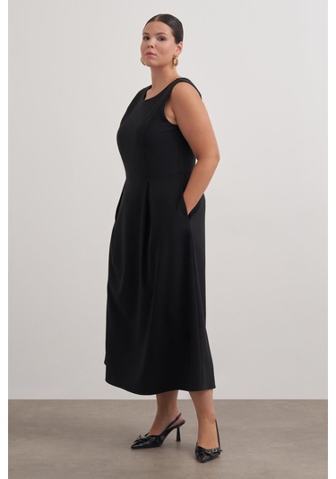 Pileli Kolsuz Cepli Uzun Elbise-6231 Siyah