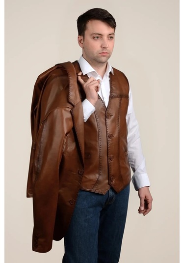 Derije Armada Hakiki Deri Erkek Taba Blazer Ceket & Yelek