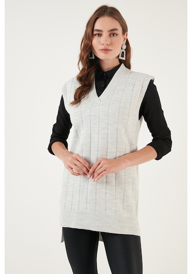 Lela V Yaka Uzun Triko Bayan Süveter 4616088 Kar Gri