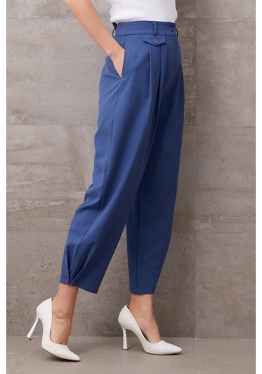 Paçası Düğmeli Yüksek Bel Pantolon Indigo