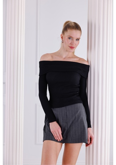 Madonna Yaka Uzun Kollu Fitilli Kadın Bluz Siyah