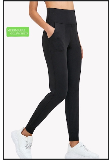 Kadın Eşofman Alt Siyah Curve Jogger Dalgıç Kumaş Yüksek Bel Çift Cepli Joggers 1061 Siyah