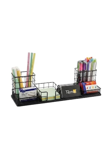 Temel Siyah Metal Mesh Modüler Masaüstü Organizer Seti 7 Parça 38x10 Cm 9515b