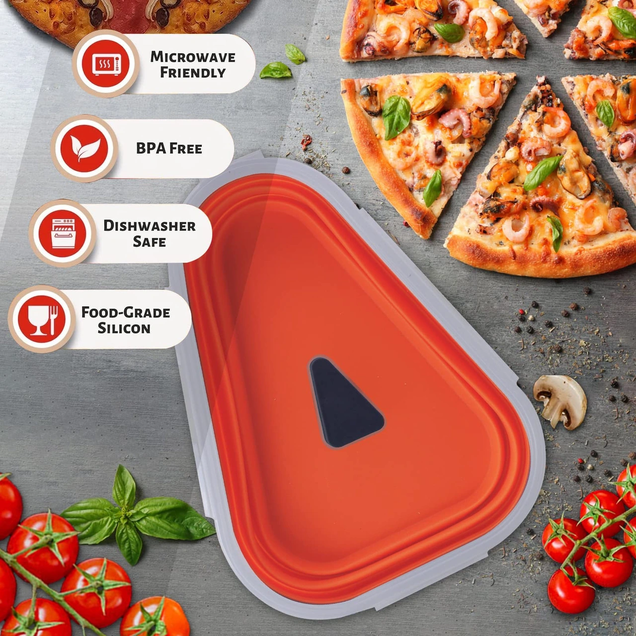 Youtek Kırmızı Yiyecek Dereceli Silikon Pizza Depolama Kutusu - Yeniden Kullanılabilir, Mikrodalga Uygun, 5 Bölmeli Dilim Ayırıcılı, Leak-proof Ve Bulaşık Makinesi Güvenli Turuncu - Kırmızı