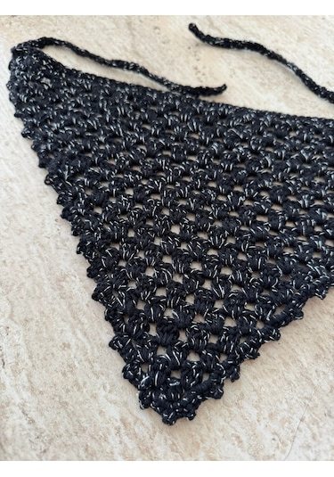 Kadın El Örgüsü Üçgen Bandana Saç Aksesuarı Siyah