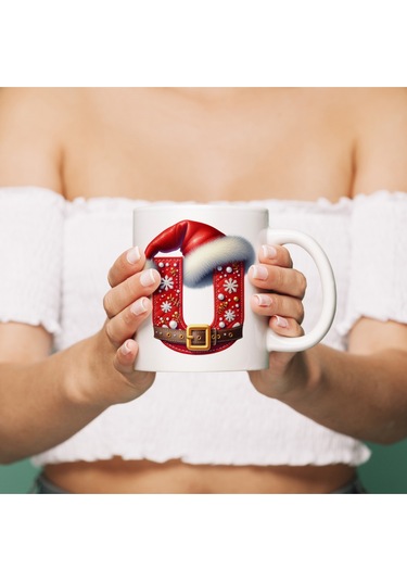 U Harfi Yılbaşı Temalı Bardak 330 Ml Harfli Kişiye Özel Hediye - Yeniyıl / Noel Şapka Tasarım Beyaz