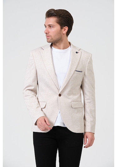 Bonesti Erkek Slim Fit Blazer Ceket Krem Kahve Benekli