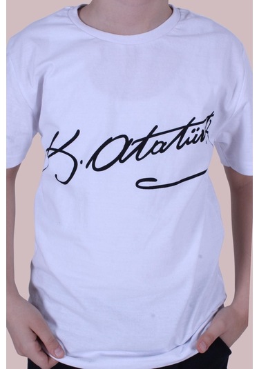 İmzalı Atatürk Baskılı Unisexs T-shırt Beyaz - Siyah