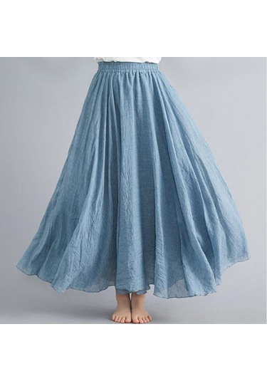 Yaz Sonbahar Kadın Etek Edebi Büyük Boy Pamuk Keten Yarım Etek Elastik Bel Keten A-line Etek Uzun Bölüm Saf Renk Rüzgar Salıncak Etek Mavi