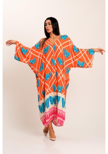Kadın Turuncu Kelebek Desenli V Yaka Yarasa Kol Cepli Oversize Uzun Gömlek Elbise - Turuncu