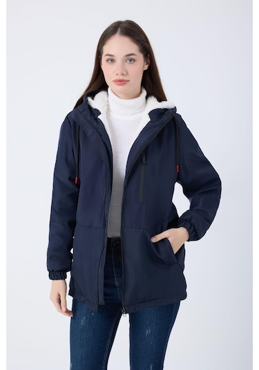 Kadın Kürklü Su Ve Rüzgar Geçirmez Kapüşonlu Kışlık Mont & Kaban & Parka Lacivert