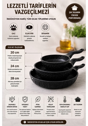 Line 3 Parça Döküm Tava Set 20/24/28 Cm Yapışmaz Siyah