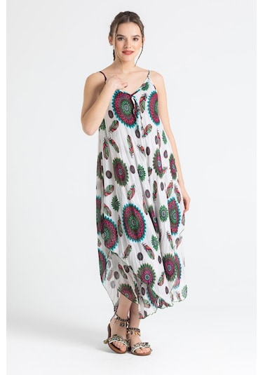 Askılı Vual Afrodit Midi Boy Elbise Yeşil-beyaz 6197 - Kadın Beyaz - Yeşil