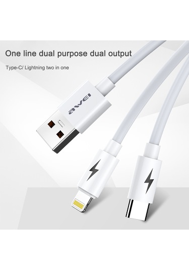 Awei Cl-79 2 İn 1 1.2m Usb 8 Pin + Usb-c / Tip-c Çoklu Şarj Kablosu