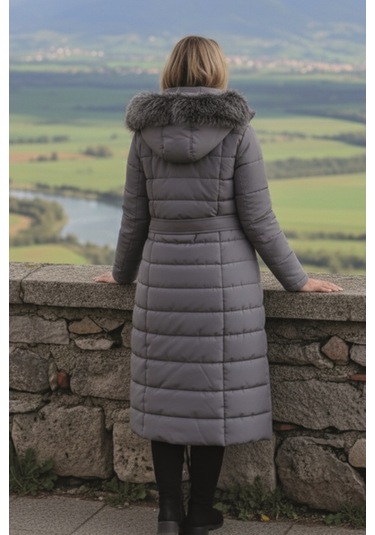 Günlük Kışlık Tam Boy Şişme Kadın Tesettür Mont Gri