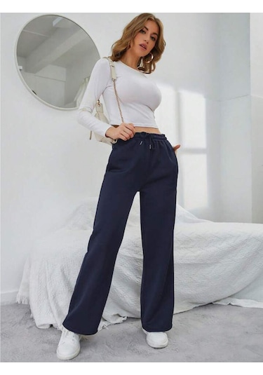 Kallima Kışlık Polarlı Yüksek Bel Lacivert Bol Paça Eşofman Altı Siyah