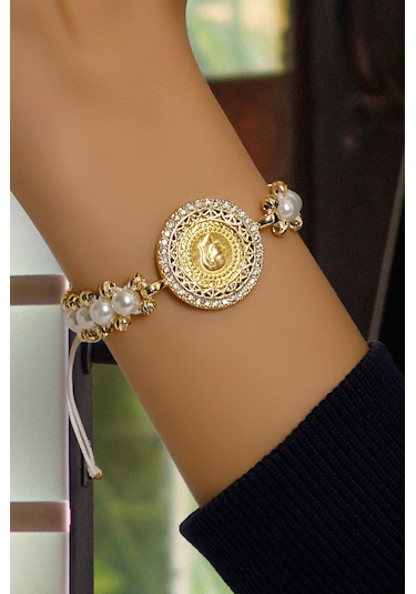 Ena İncili Çeyrekli Bileklik Sarı Altın