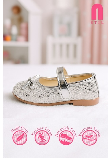 Günlük Kız Çocuk Babet Cırt Bantlı Pul Ve Fiyonk Detaylı Hafif Rahat Ayakkabı 413 Gümüş
