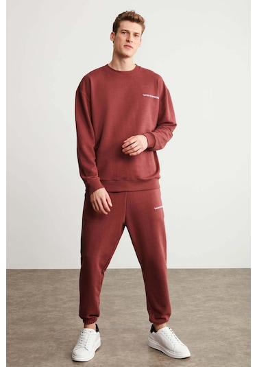 Grımelange Marshall Erkek Pamuklu İçi Polarlı Nakışlı Relaxed Bordo Eşofman Takımı Bordo