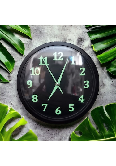 Fosforlu Gece Parlayan Siyah Salon Mutfak Ofis Duvar Saati 22 Cm Siyah