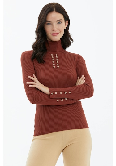 Tam Balıkçı Yaka Düğmeli Triko Kazak  - Kiremit